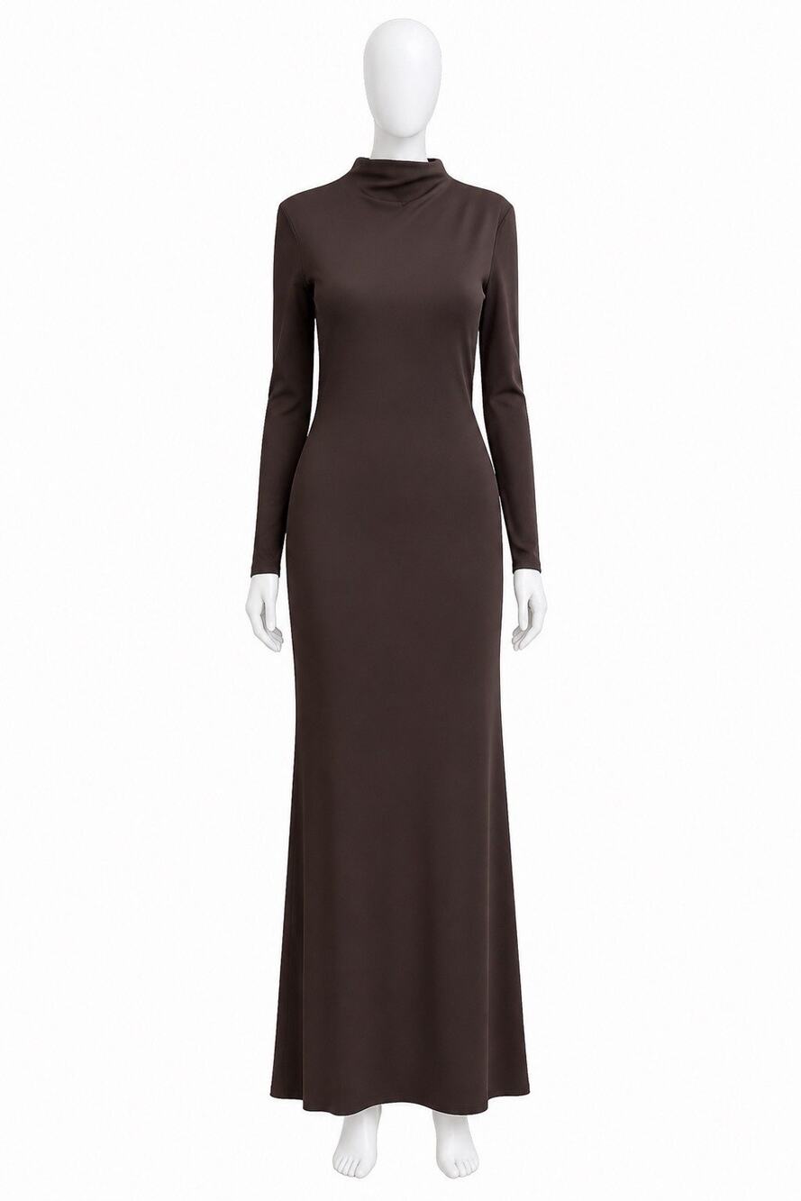 Zara Brown Open Back Maxi Dress Long Sleeve Bodycon Mock Neck Size M